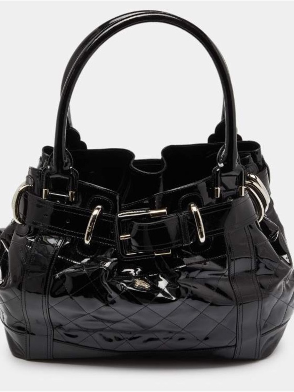 Burberry Glossy Black Quilted Shoulder Bag with Buckle Detail NWOT